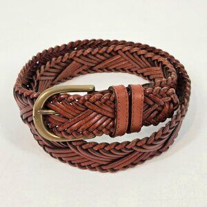Fossil Brown Boho Woven Leather and Brass Belt Size M Adjustable 37" long